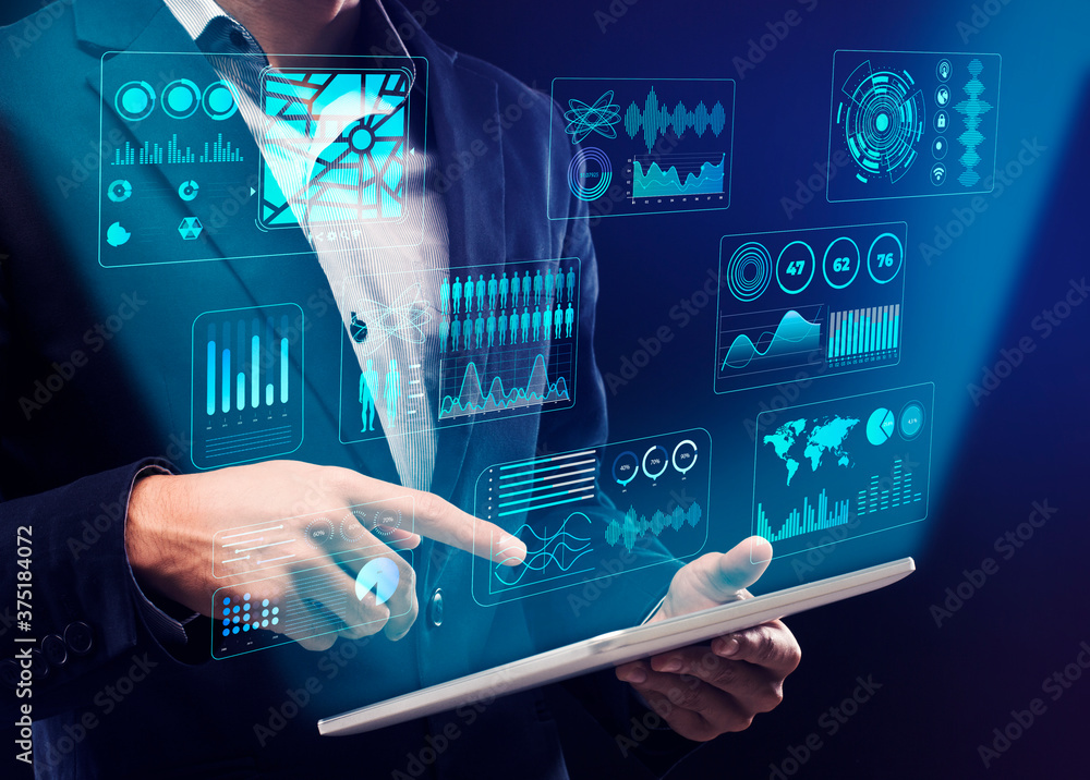 Poster Businessman using digital tablet with interactive board