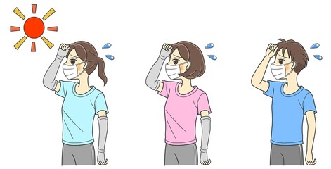 Three young people with masks suffering from summer heat