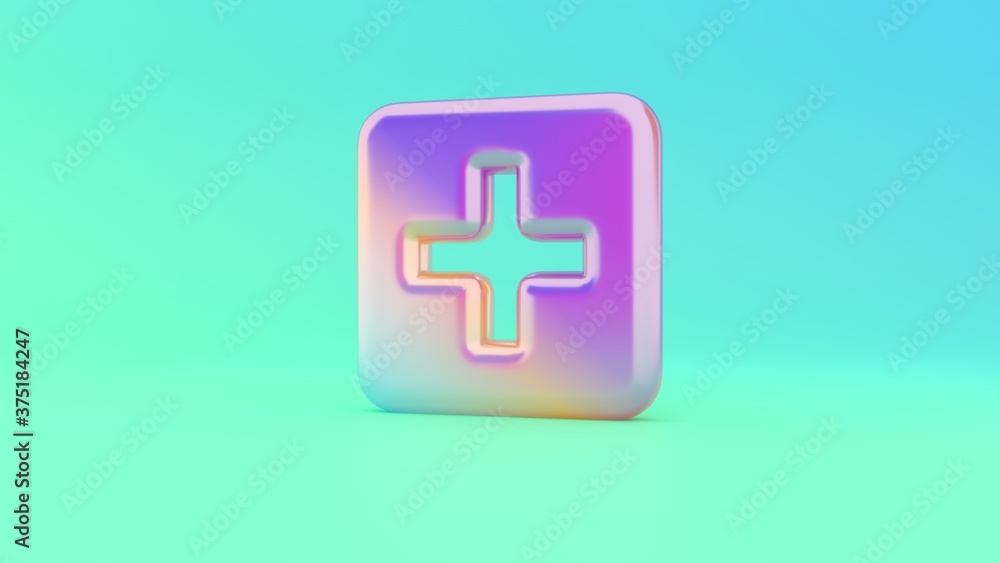Poster 3d rendering colorful vibrant symbol of plus square on colored background