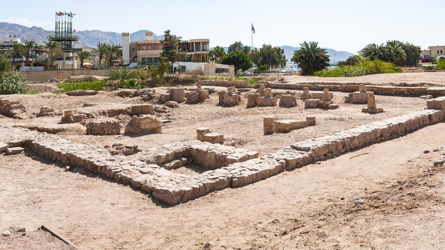 AQABA, JORDAN - FEBRUARY 23, 2012: city walls of medieval Islamic town Ayla in Aqaba city. It was the first Islamic city founded (around year 650) outside of the Arabian Peninsula