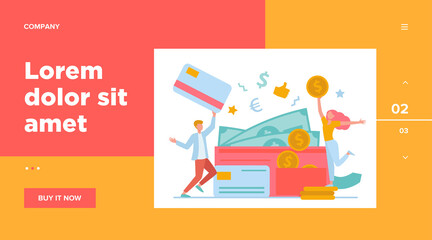 Happy tiny man and woman with big open wallet flat vector illustration. Isolated young guy holding plastic card and girl with coin. Salary, credit balance and budget concept