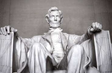 Close up of Abraham Lincoln at the Lincoln Memorial in Washington DC with a black and white...