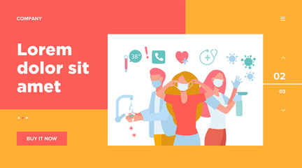 Hygiene during coronavirus epidemic. People in gloves and face masks, washing hands, cleaning surfaces with alcoholic sanitizers. Vector illustration for virus spread prevention, protection concept