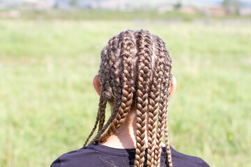 Girl with many small braids. Young cute child girl with afro-braids. Rear view