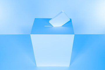 Graphic image of the voting basket on the table. A voting basket with a ballot and space for your text. A concise concept of elections. Voting box in blue tones.