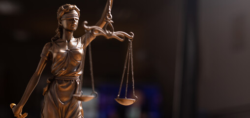 Statue of lady justice on bright background - Side view with copy space..