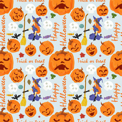 seamless pattern for all saints eve Halloween party decoration Witch on her knees holding a broom large pumpkins flat vector illustration