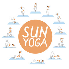 Dog or jack russell terrier doing yoga as sun salutation concept, flat vector stock illustration or infographics with cute character for Surya namaskar