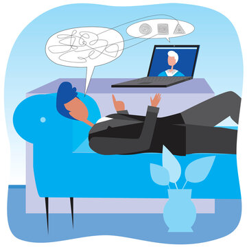 Online psychotherapy with psychologist or psychotherapist, flat vector stock illustration with patient, psychotherapist and laptop