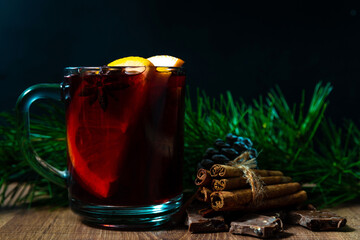 Hot mulled wine in glass mug