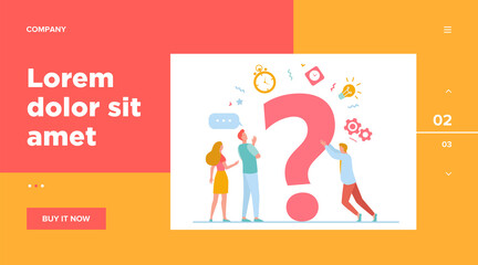 People searching solutions and asking for help. Men and women discussing huge question mark. Vector illustration for communication, assistance, consulting concept