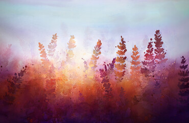 watercolor drawing of plants against the backdrop of a sunny sunset - obrazy, fototapety, plakaty