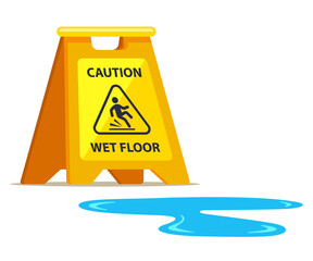 yellow sign carefully wet floor and puddle nearby. flat vector illustration. - obrazy, fototapety, plakaty