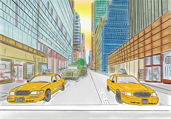 street view of New York, yellow taxi, sketch illustration