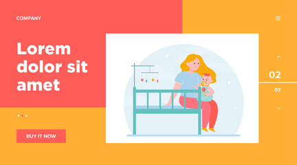 New mom holding and soothing baby. Crib, toddler, playing with child flat vector illustration. Childhood, childcare, parenthood concept for banner, website design or landing web page