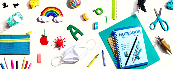 Back to school after Covid-19 theme - flat lay