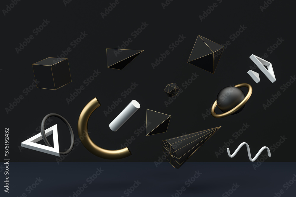 Poster golden and black abstract objects, 3d rendering.