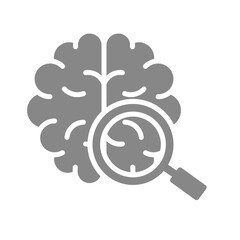 Brain with magnifying glass gray icon. Organ research symbol.