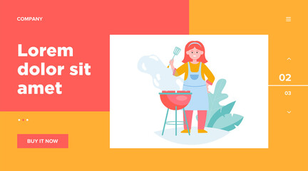 Happy woman grilling barbecue meat. Female chef in apron holding spatula, cooking in garden flat vector illustration. BBQ party, summer, food concept for banner, website design or landing web page