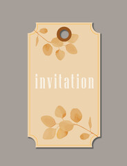 Wedding invitation tag with floral design on grey background, top view