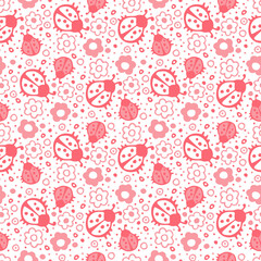 seamless background with pink ladybirds and flowers