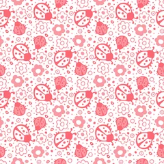 Fototapeten seamless background with pink ladybirds and flowers © Tatiana