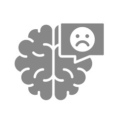 Brain with sad face in chat bubble gray icon. Diseased internal organ symbol.