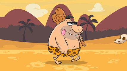 Caveman Funny Cartoon Character With Club Walking. Vector Illustration With Background