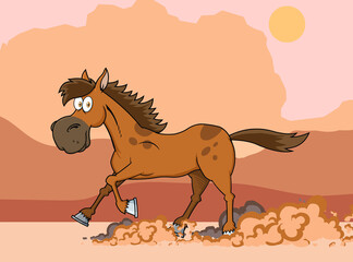 Brown Horse Cartoon Character Running. Vector Illustration With Background