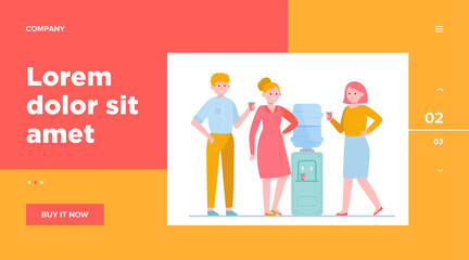 Fototapeta premium Positive people drinking water at cooler. Office colleagues, chatting, break flat vector illustration. Beverage, refreshment, watercooler concept for banner, website design or landing web page