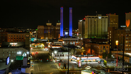 Fototapeta na wymiar Downtown Spokane, WA City Skyline at Night, Long Exposure
