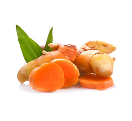 Turmeric (Curcuma longa Linn)  ;root sliced with green leaves isolated on white background. herb high vitamin C and for protect virus.
