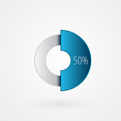 50 percent isolated pie chart. Percentage vector symbol, infographic  blue gray gradient icon. Circle sign for business, finance, web design, download, progress