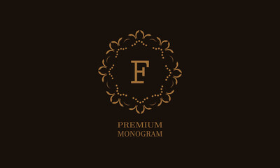 Luxury monogram design with the letter of the alphabet F. Elegant logo of the emblem of a restaurant, hotel, business. Can be used for invitations, booklets, postcards.