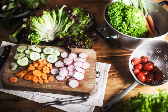 Preparing a salad.