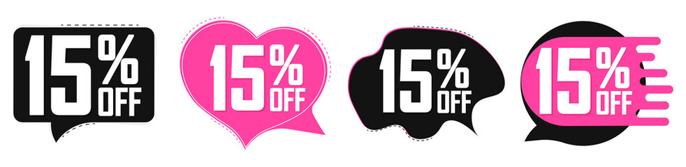 Set Sale 15% off speech bubble banners, discount tags design template, extra deals, vector illustration