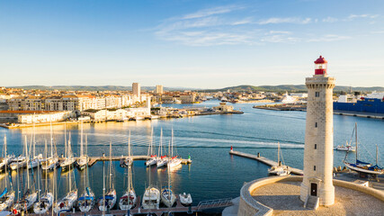 Aerial panorama of the port of Sete on a summer morning, in Herault in Occitanie, France