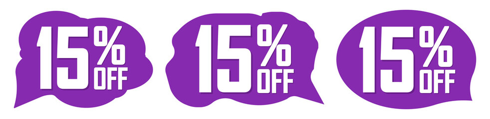 Set Sale 15% off speech bubble banners, discount tags design template, extra deals, vector illustration
