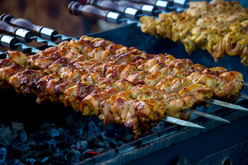 juicy shish kebab on coals on skewers