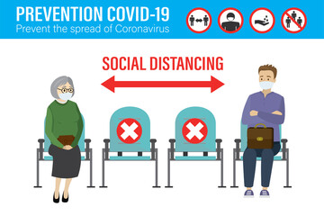 Row of waiting chairs with prohibited marks. Social distancing norms in public place. Covid-19 prevention signs. Coronavirus pandemic, healthcare