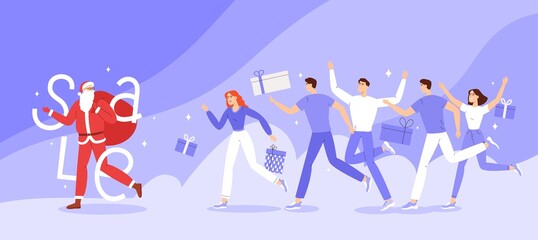 New Years and Christmas banner, flyer or landing page. Concept of New Years discounts. Santa is running ahead with a big red bag full of gifts and a crowd of people are chasing him.
