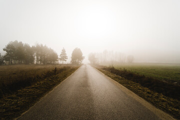 Straight road on misty dark morning.
