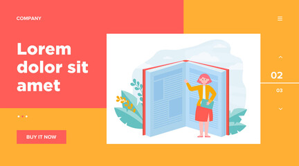 Student pointing hand at book pages. Open textbook, tiny character, reader, knowledge flat vector illustration. Library, literature, education concept for banner, website design or landing web page
