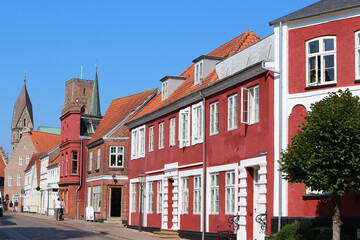 Fototapeta na wymiar Street with red historic houses in the medieval town Ribe, Denmark