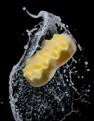 Naklejka na ściany i meble Water containing soap splashing with yellow sponge isolated on black background