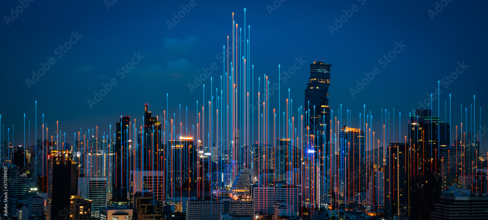 Poster modern city with wireless network connection and city scape concept.wireless network and connection 