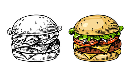Burger in vintage style black and color - obrazy, fototapety, plakaty