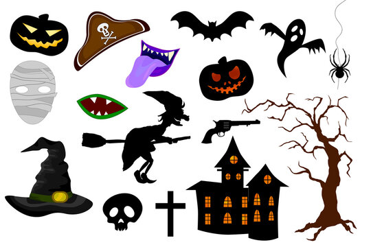 Set of Halloween Party Design Elements and Icons on White Background.