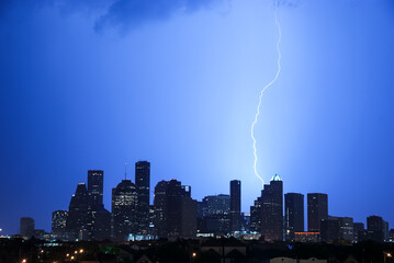 Lightning bolt hitting the Houston skyline
