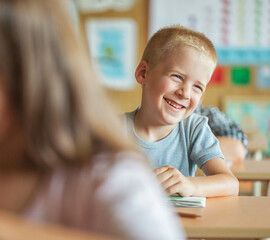 Smiling Schoolboy Sitting at His Desk